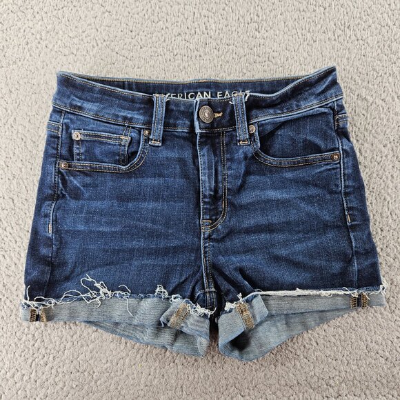 American Eagle Shorts Womens 2 Blue Denim Hi-Rise Shortie Next Level Stretch Raw - Picture 1 of 16